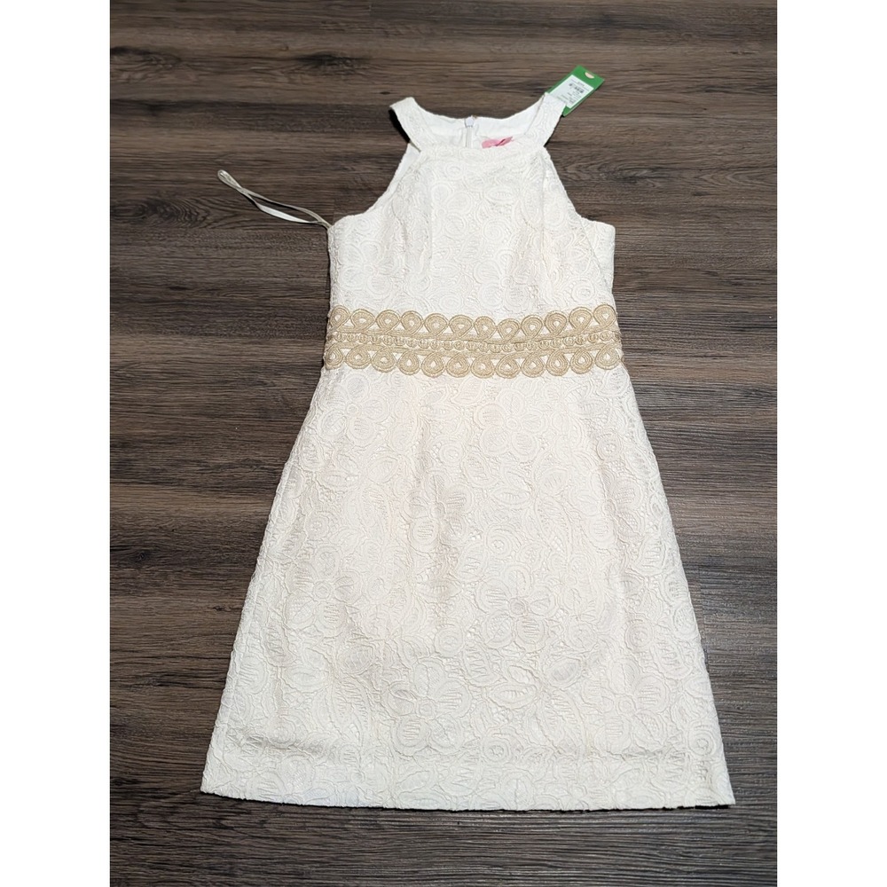 Lilly Pulitzer Ashlyn Shift Dress Resort White Pop Floral Lace Gold Trim 0 29482
